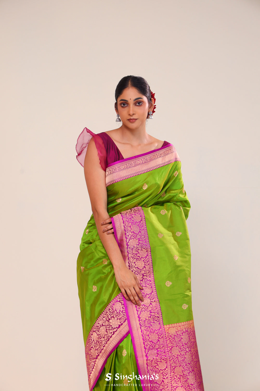 Kelly Green Chiniya Banarasi Silk Saree