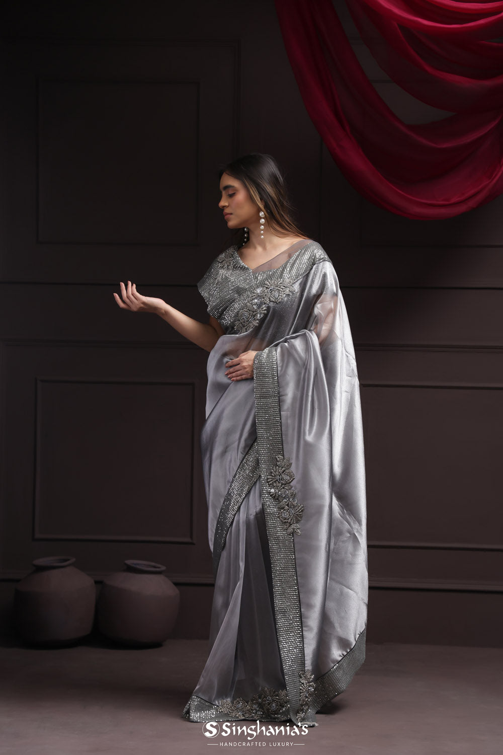 Metallic Grey Tissue Designer Saree With Sequin Embroidery