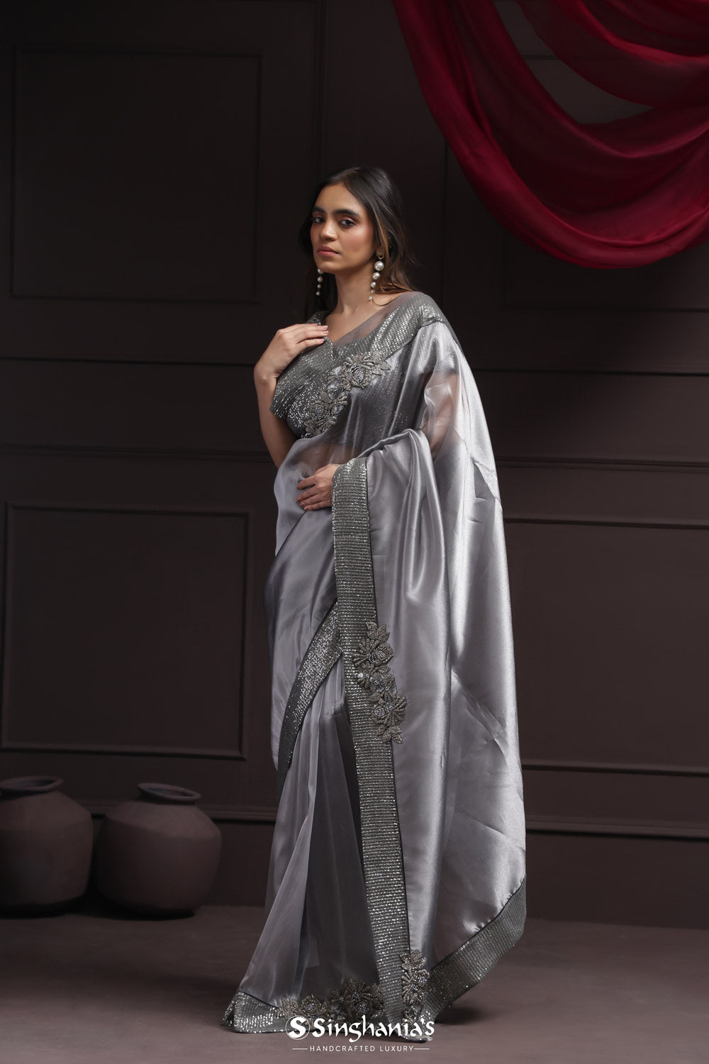 Metallic Grey Tissue Designer Saree With Sequin Embroidery