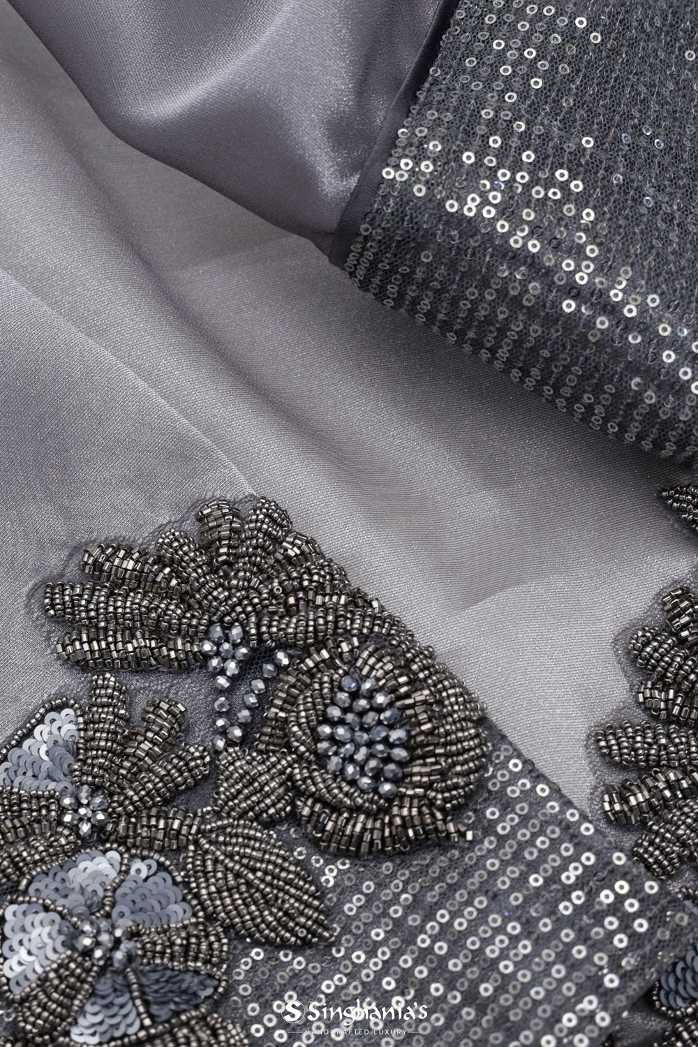 Metallic Grey Tissue Designer Saree With Sequin Embroidery