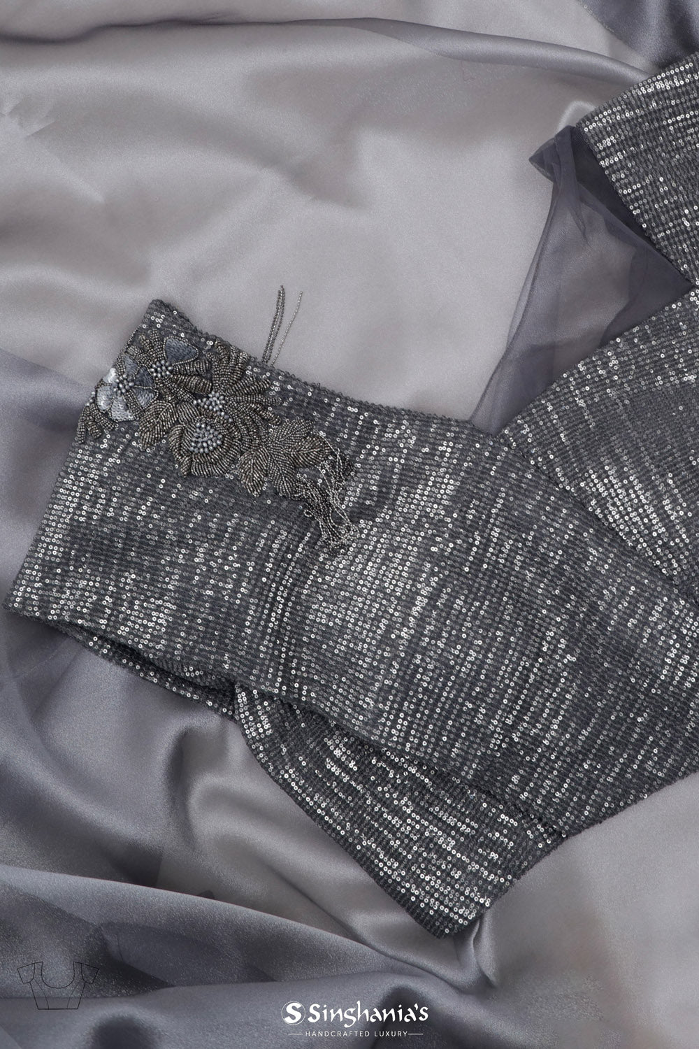 Metallic Grey Tissue Designer Saree With Sequin Embroidery