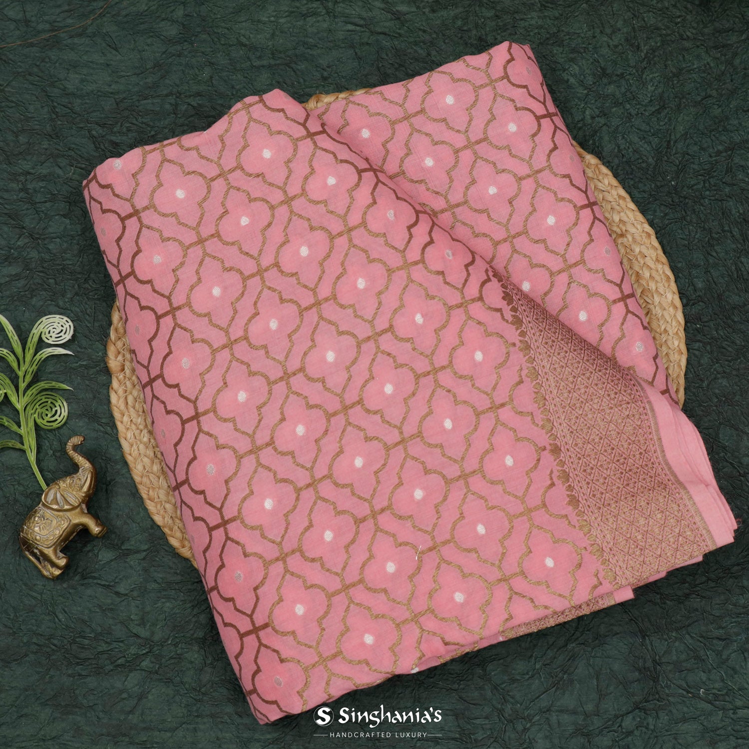 Light Pink Moonga Saree With Banarasi Weaving
