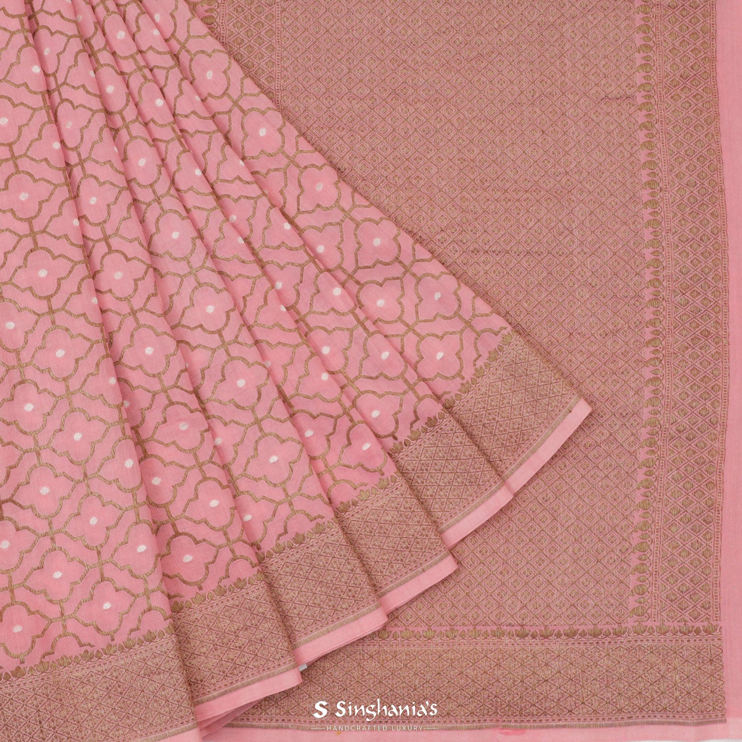 Light Pink Moonga Saree With Banarasi Weaving