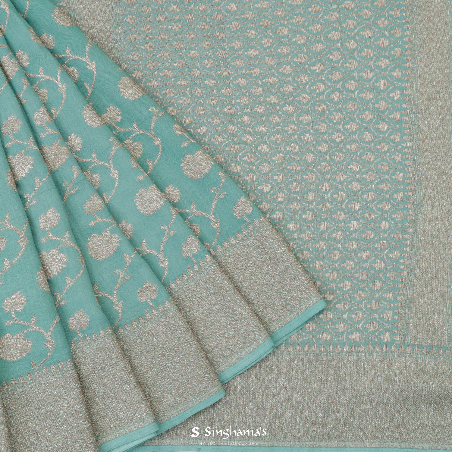 Light Turquoise Blue Moonga Saree With Banarasi Weaving In Floral Pattern