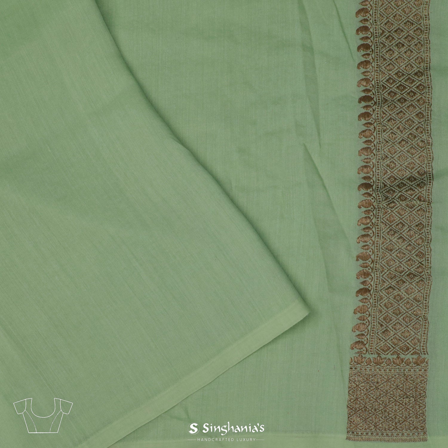 Turquoise Green Moonga Saree With Banarasi Weaving
