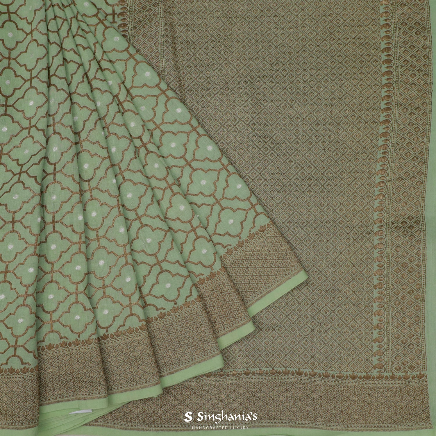 Turquoise Green Moonga Saree With Banarasi Weaving