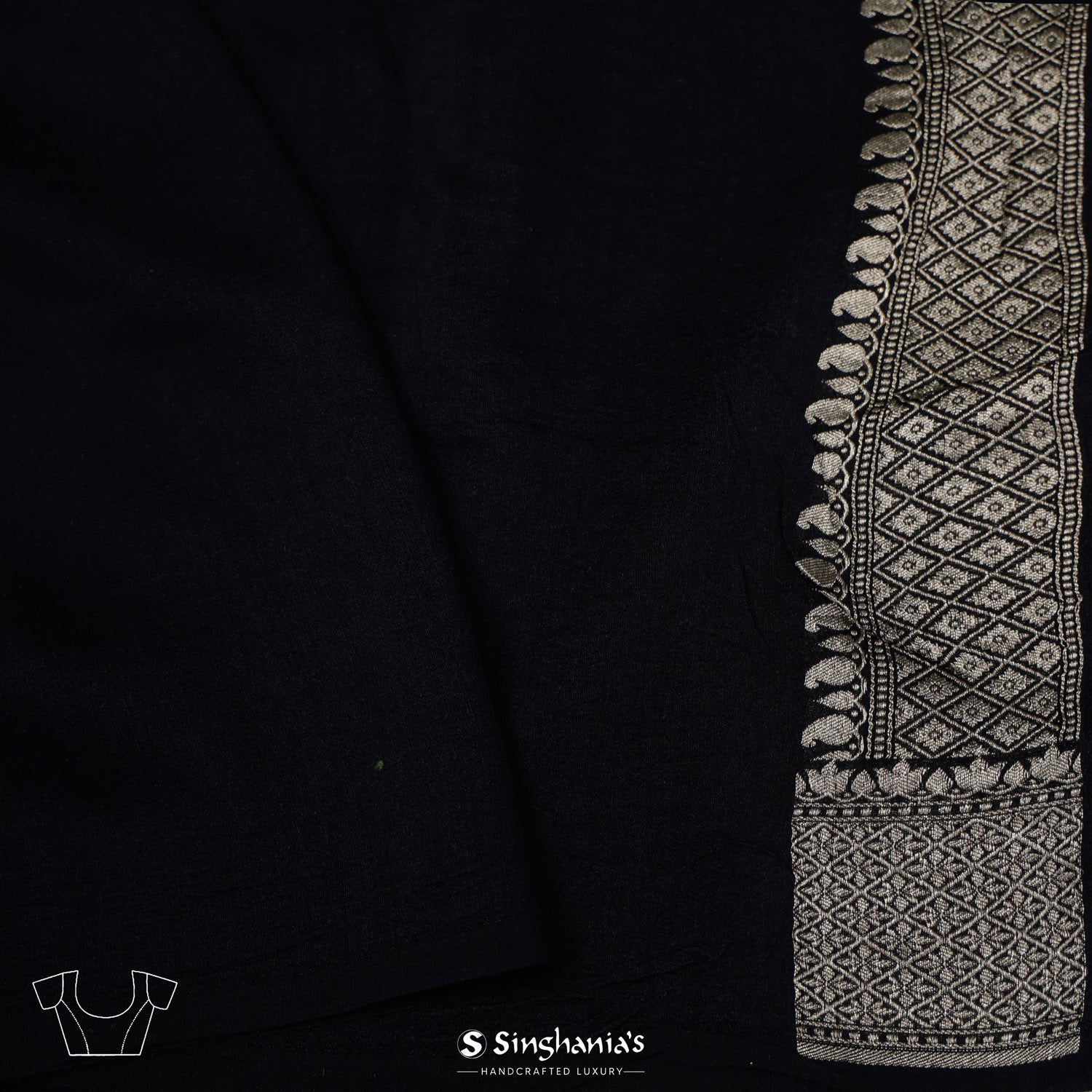 Smoky Black Moonga Saree With Meenakari Banarasi Weaving