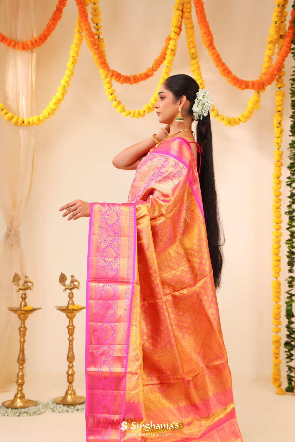 Candlelight Peach Tissue Kanjivaram Saree With Floral Jaal Weaving