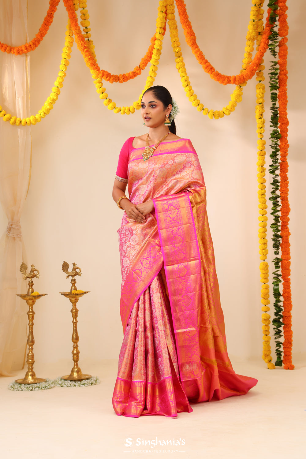 Candlelight Peach Tissue Kanjivaram Saree With Floral Jaal Weaving