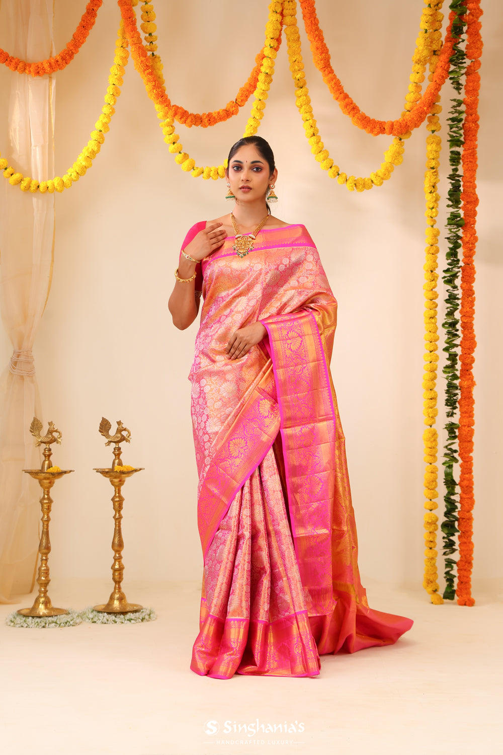 Candlelight Peach Tissue Kanjivaram Saree With Floral Jaal Weaving