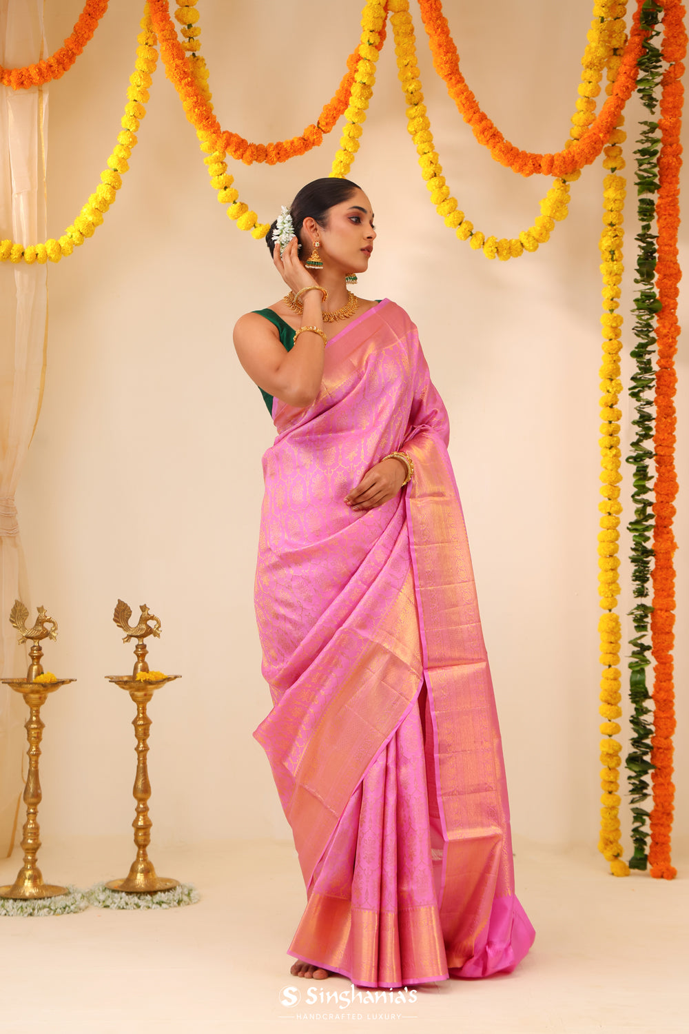 Pearl Pink Kanjivaram Silk Saree With Floral Weaving