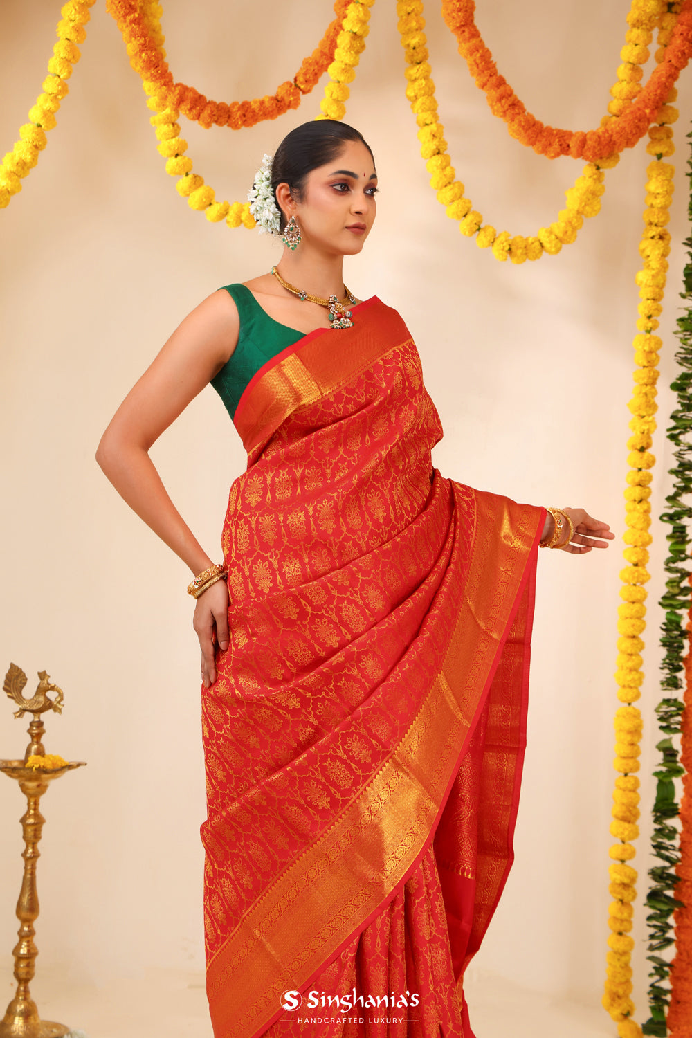 Scarlet Red Kanjivaram Silk Saree With Floral Butta