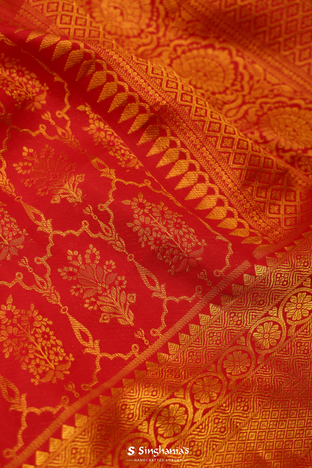 Scarlet Red Kanjivaram Silk Saree With Floral Butta