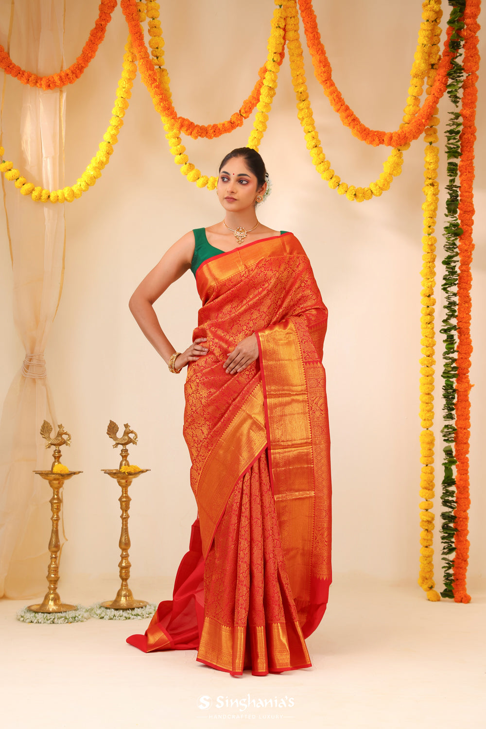 Cadmium Red Kanjivaram Silk Saree With Floral Jaal Weaving