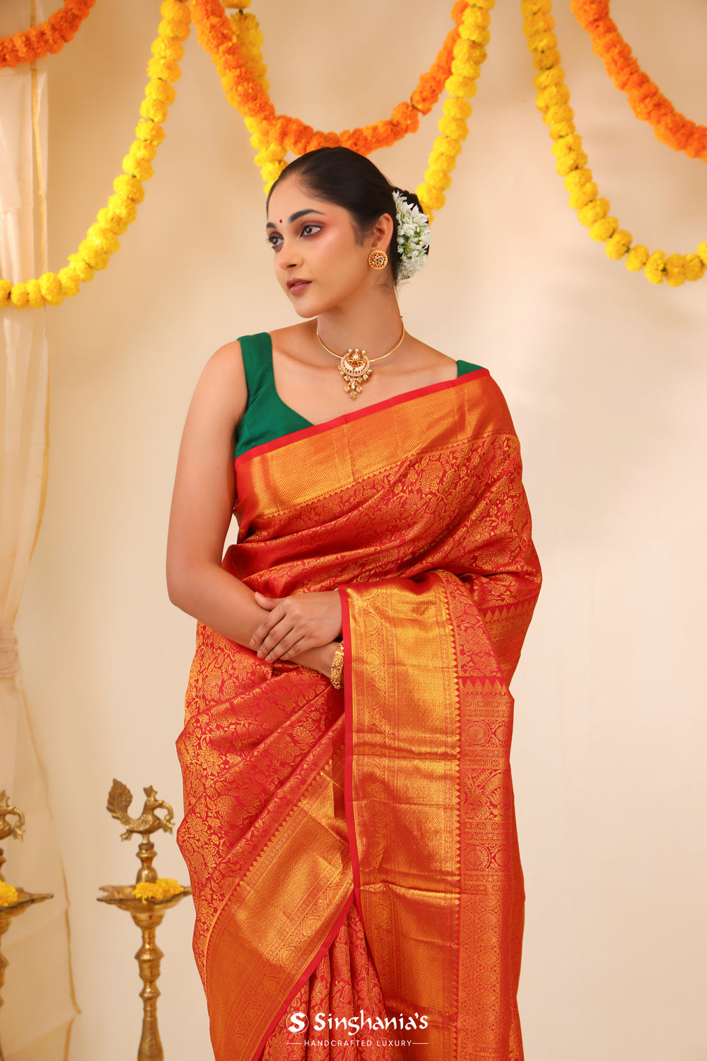 Cadmium Red Kanjivaram Silk Saree With Floral Jaal Weaving