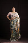 Pale Grey Printed Organza Saree With Hand Embroidery