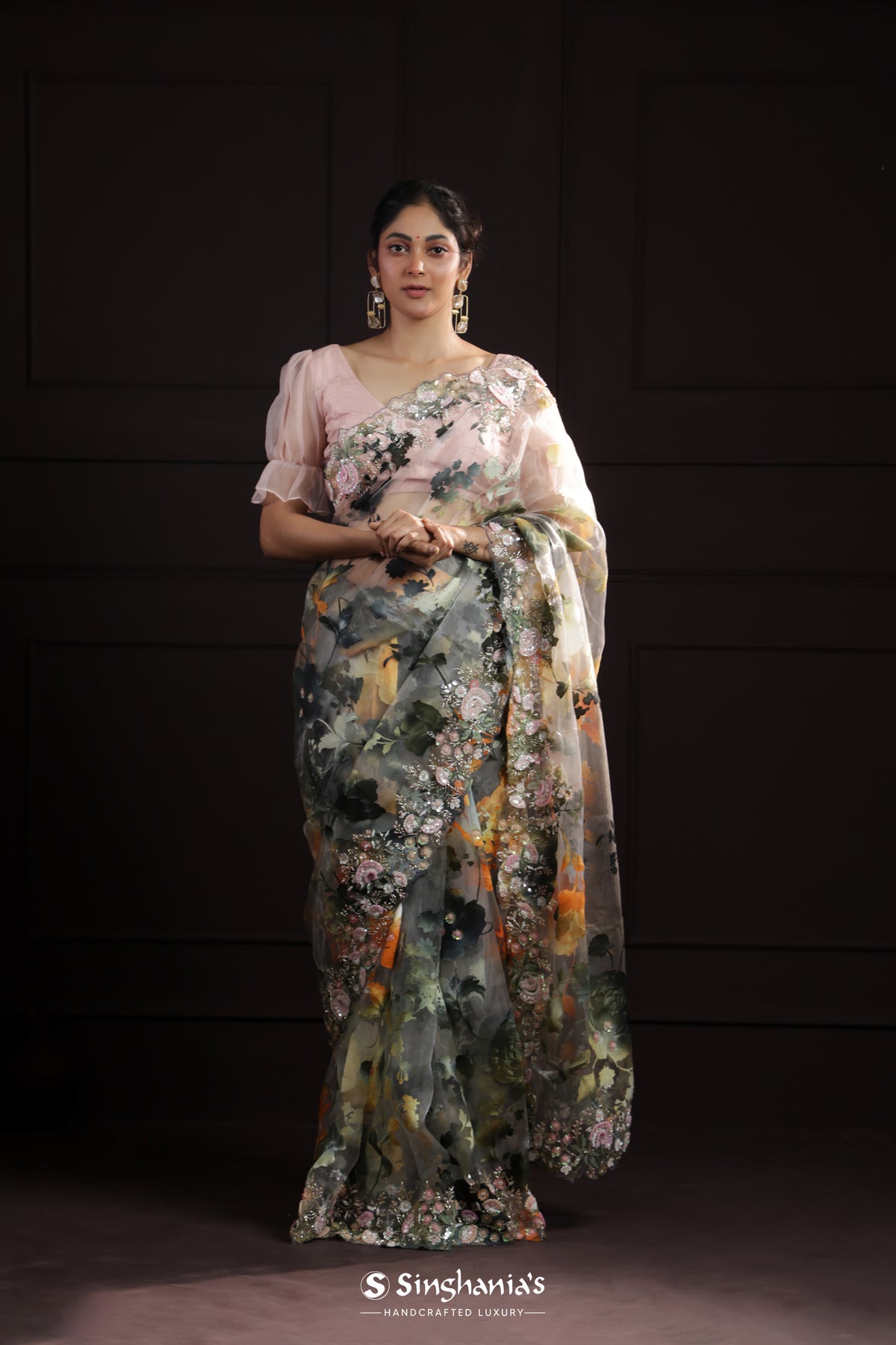 Pale Grey Printed Organza Saree With Hand Embroidery