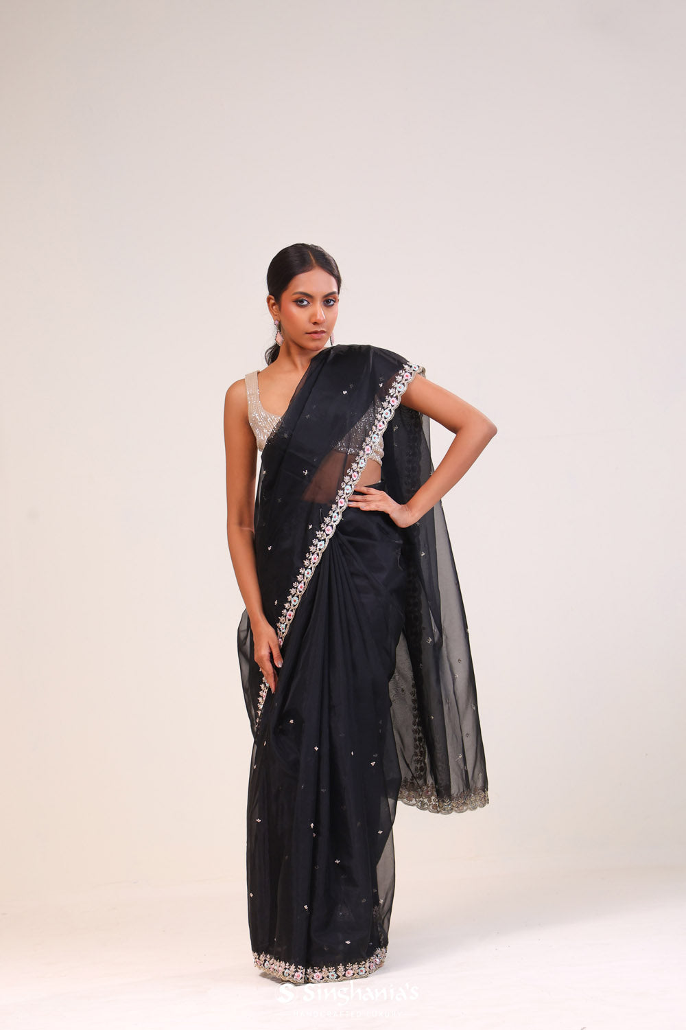 Charcoal Black Tissue Handcrafted Saree