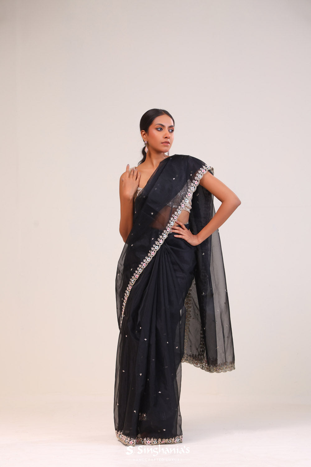 Charcoal Black Tissue Handcrafted Saree