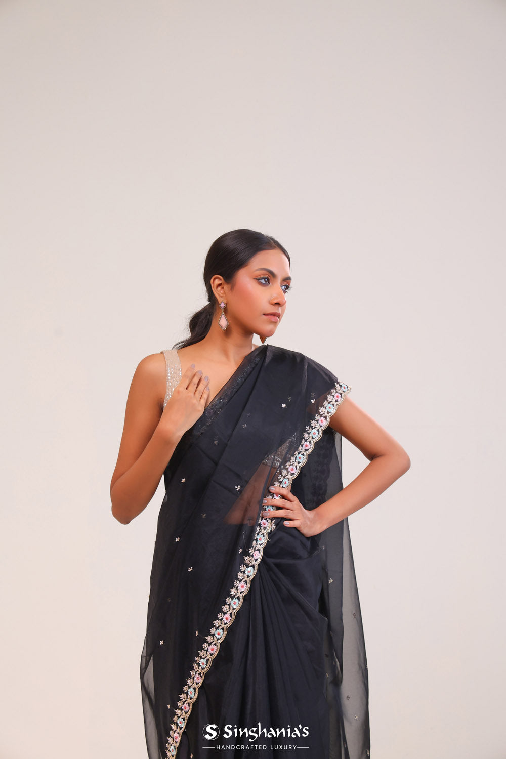 Charcoal Black Tissue Handcrafted Saree