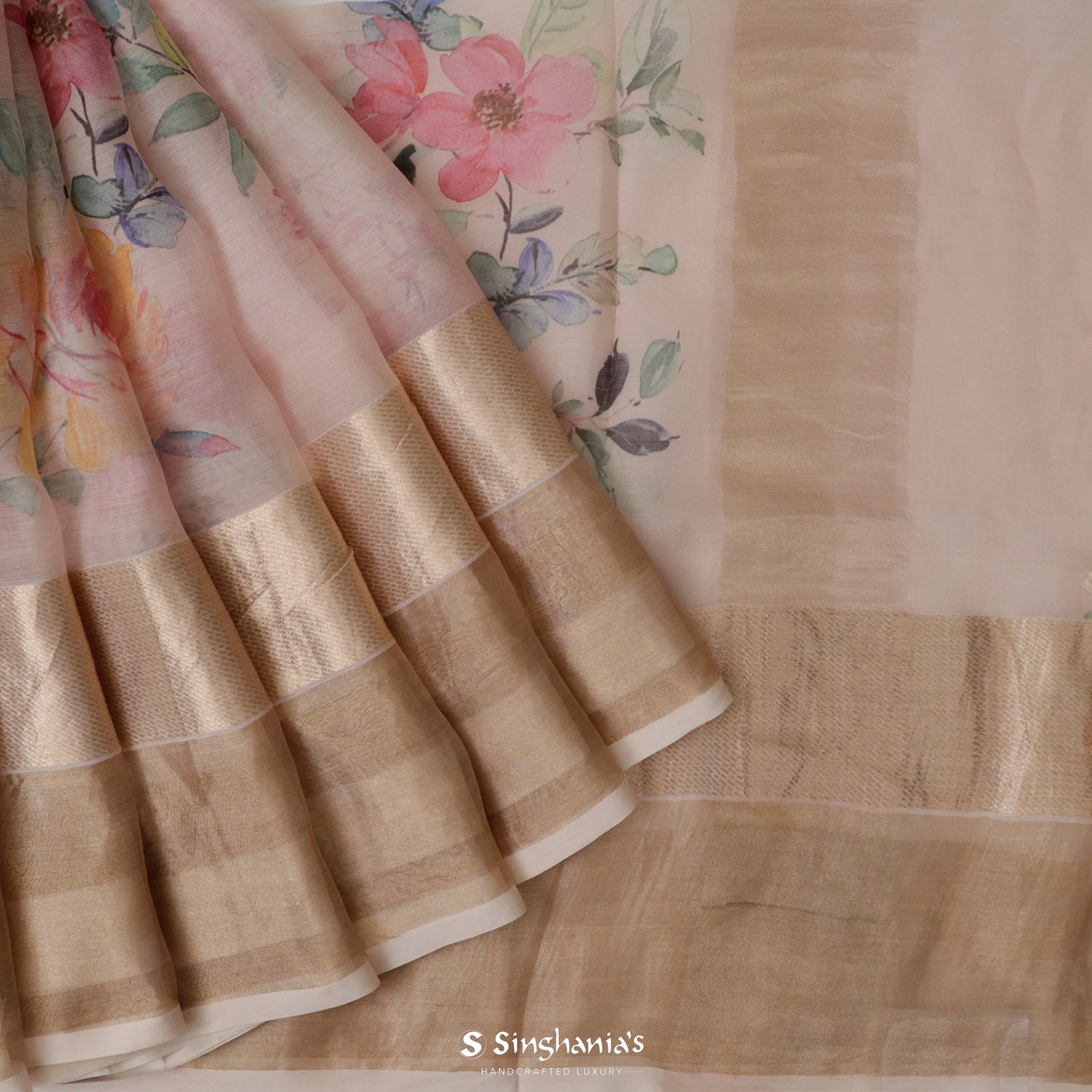 Peach Pink Printed Maheshwari Saree With Floral Jaal Pattern