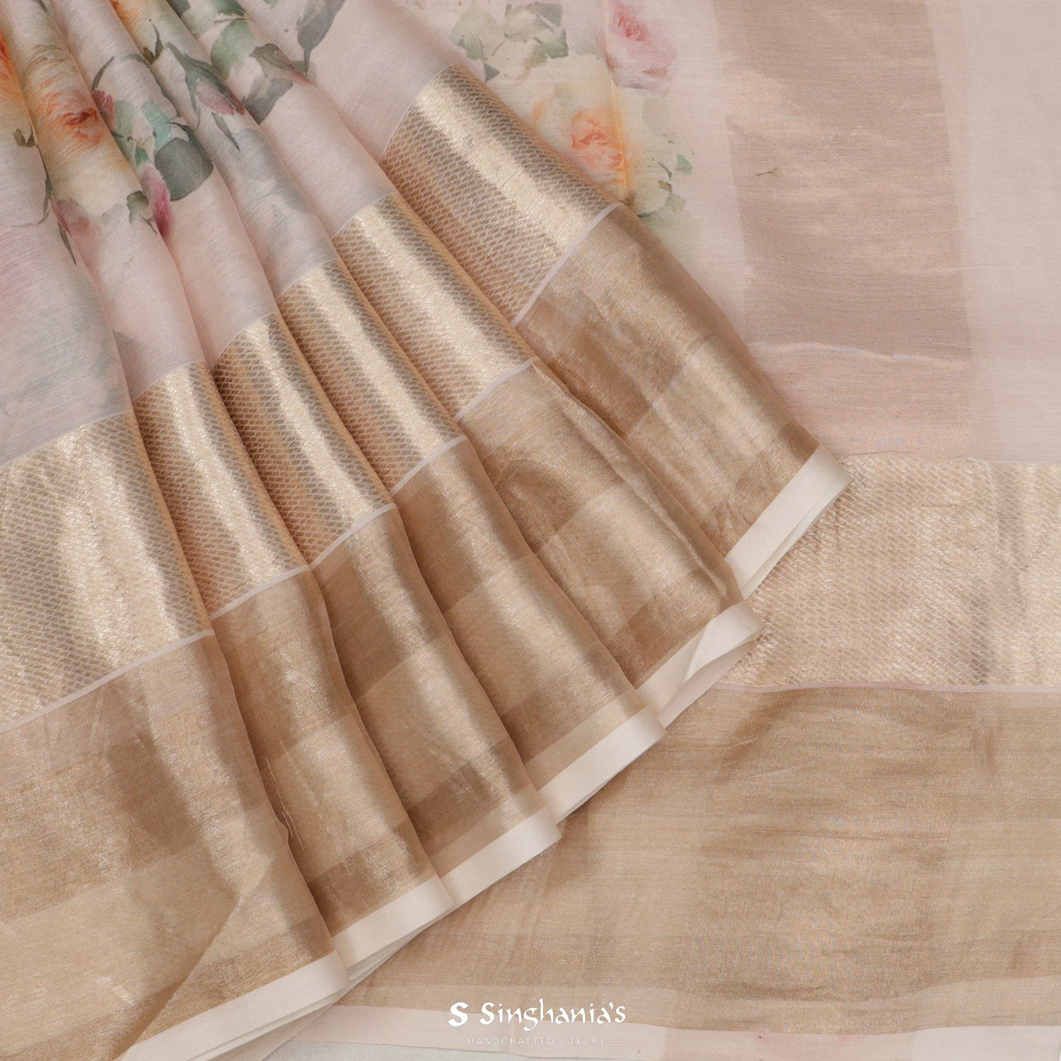 Pastel Pink Printed Maheshwari Saree With Floral Pattern