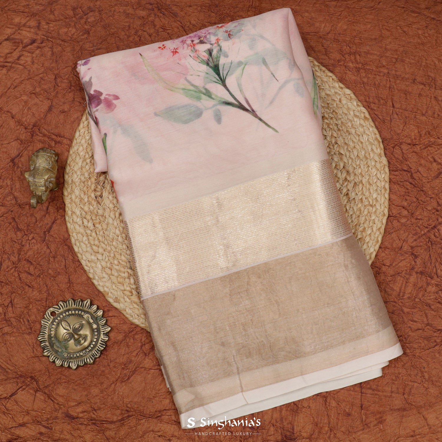 Gold Pink Printed Maheshwari Saree With Floral Pattern