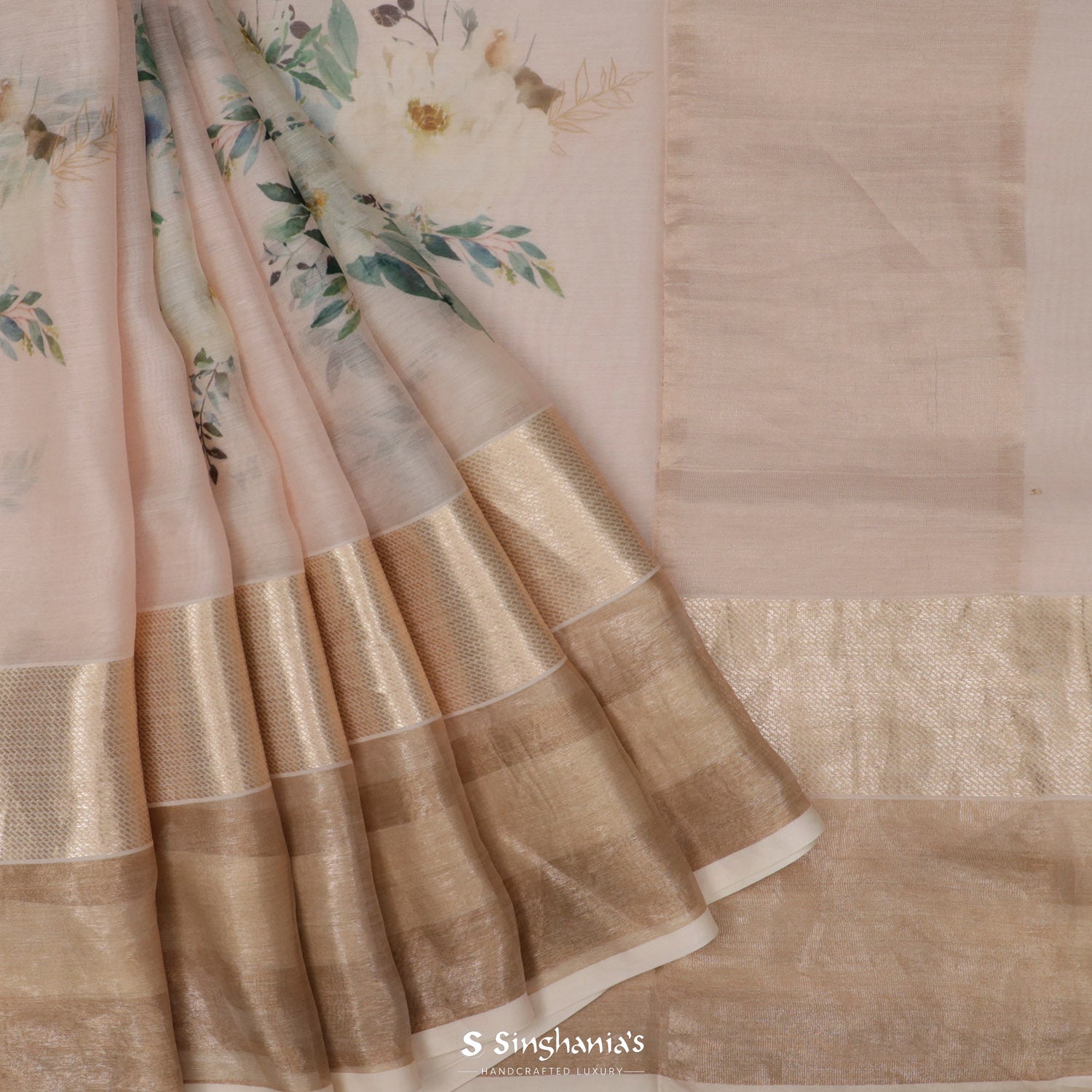 Morristown Cream Printed Maheshwari Saree With Floral Pattern