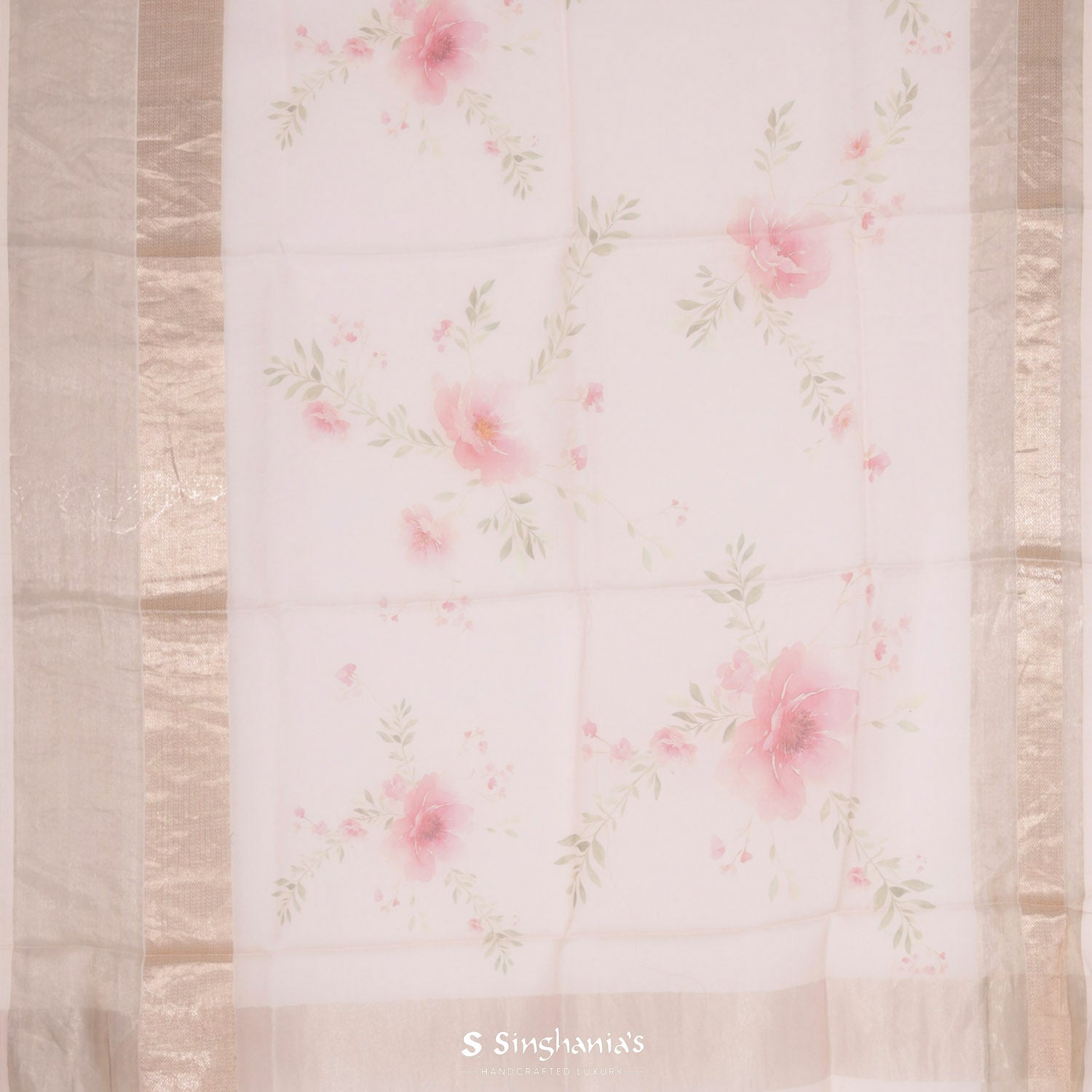 Misty Rose Pink Printed Maheshwari Silk Saree With Floral Pattern