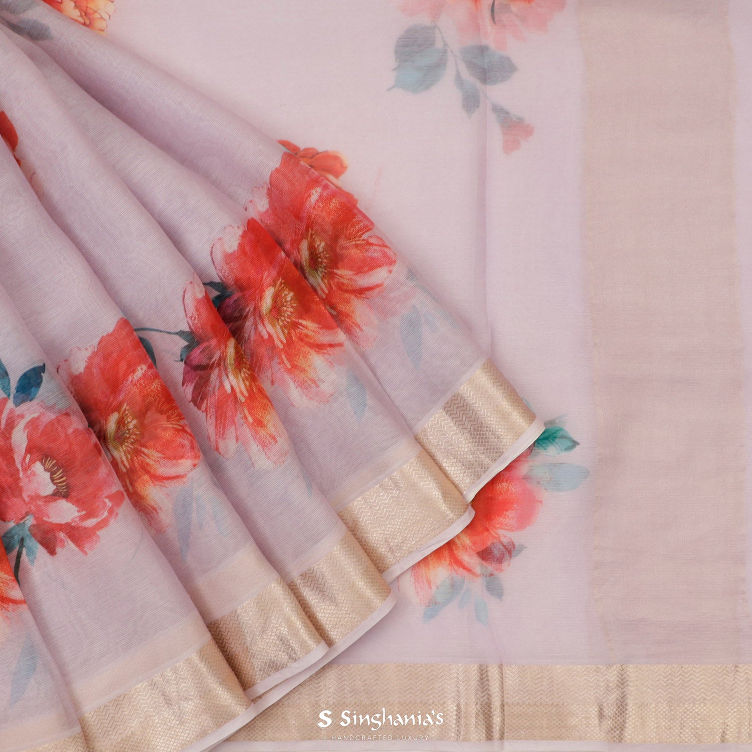 Very Pale Cream Purple Printed Maheshwari Saree With Floral Pattern