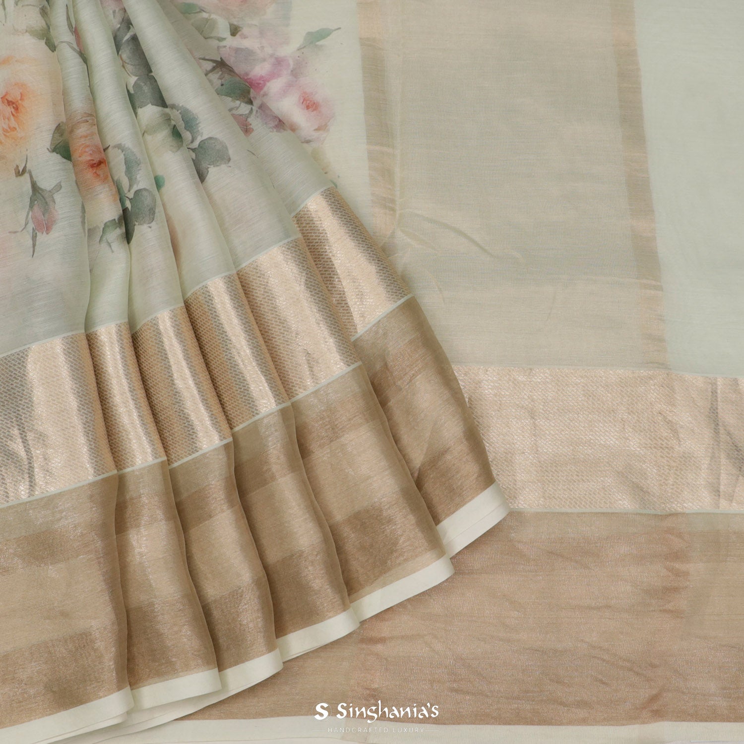 Ash Gray Printed Maheshwari Saree With Floral Pattern