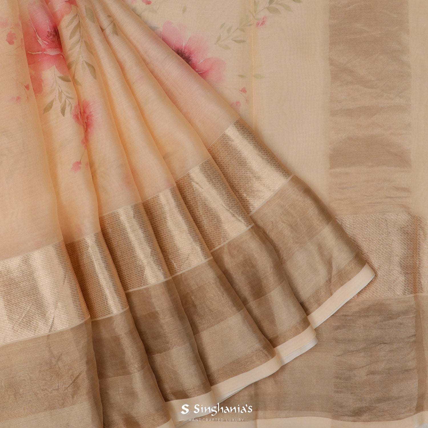 Biscuit Cream Printed Maheshwari Saree With Floral Pattern