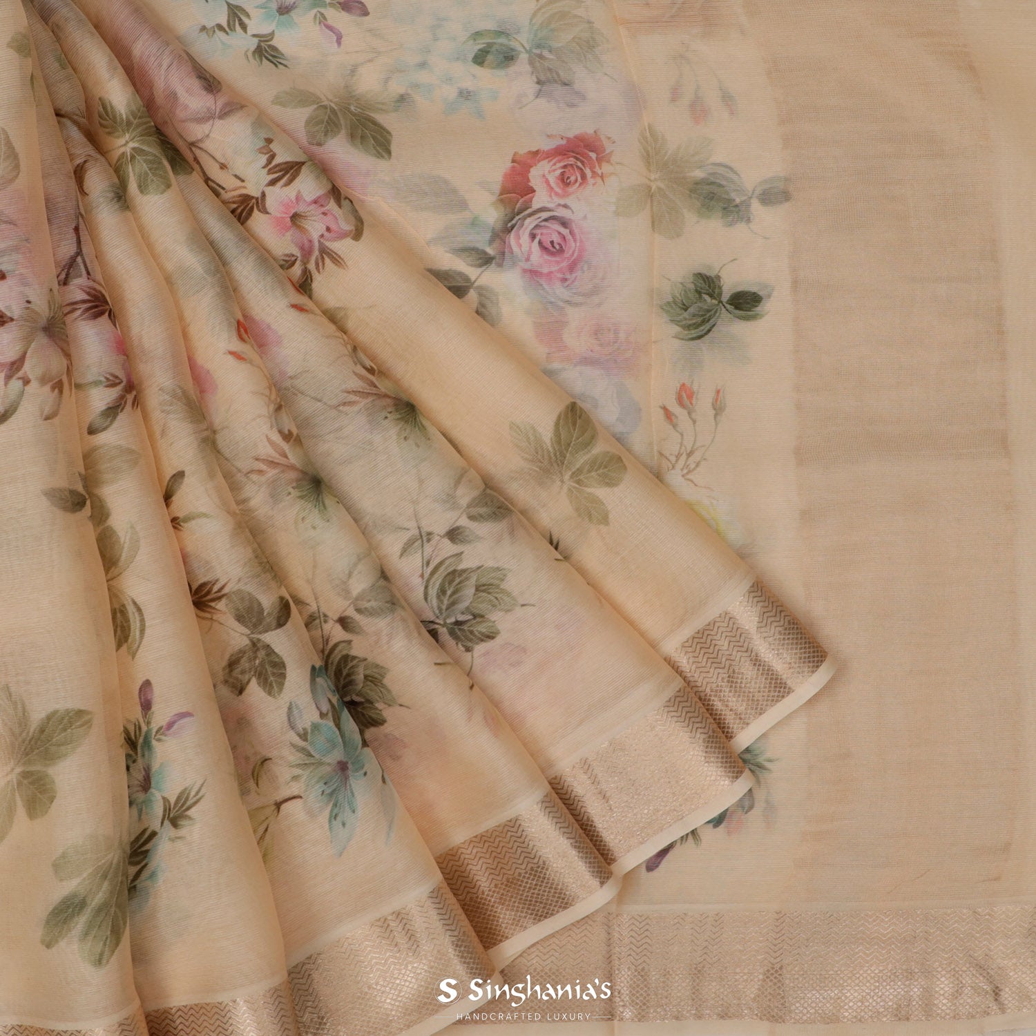 Peach Cream Printed Maheshwari Saree With Floral Pattern