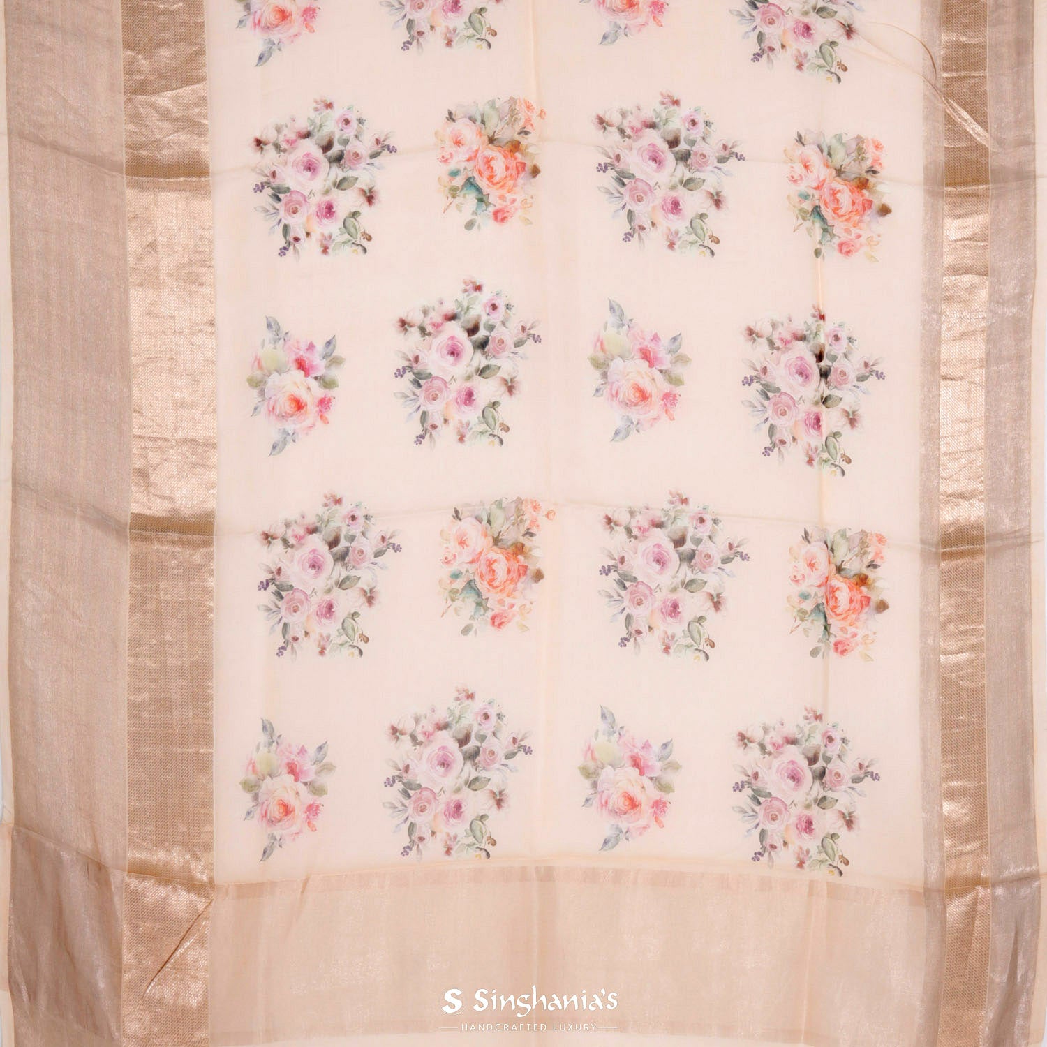 Buttercream Brown Printed Maheshwari Saree With Floral Pattern