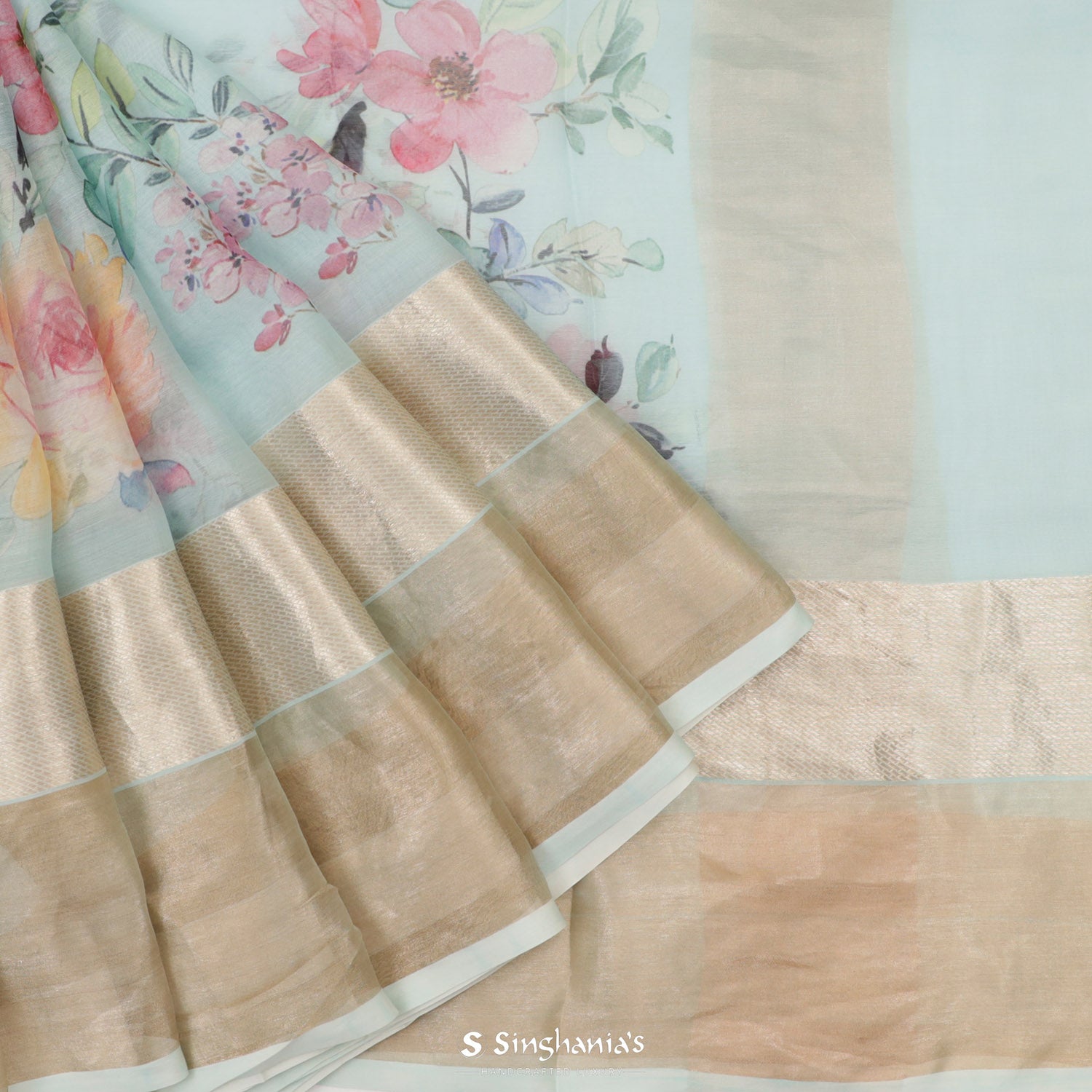 Celeste Blue Printed Maheshwari Saree With Floral Jaal Pattern
