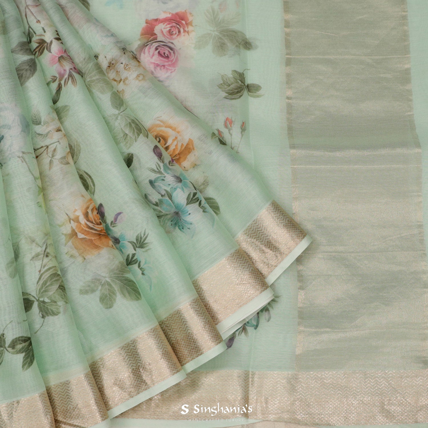 Celadon Green Printed Maheshwari Saree With Floral Pattern