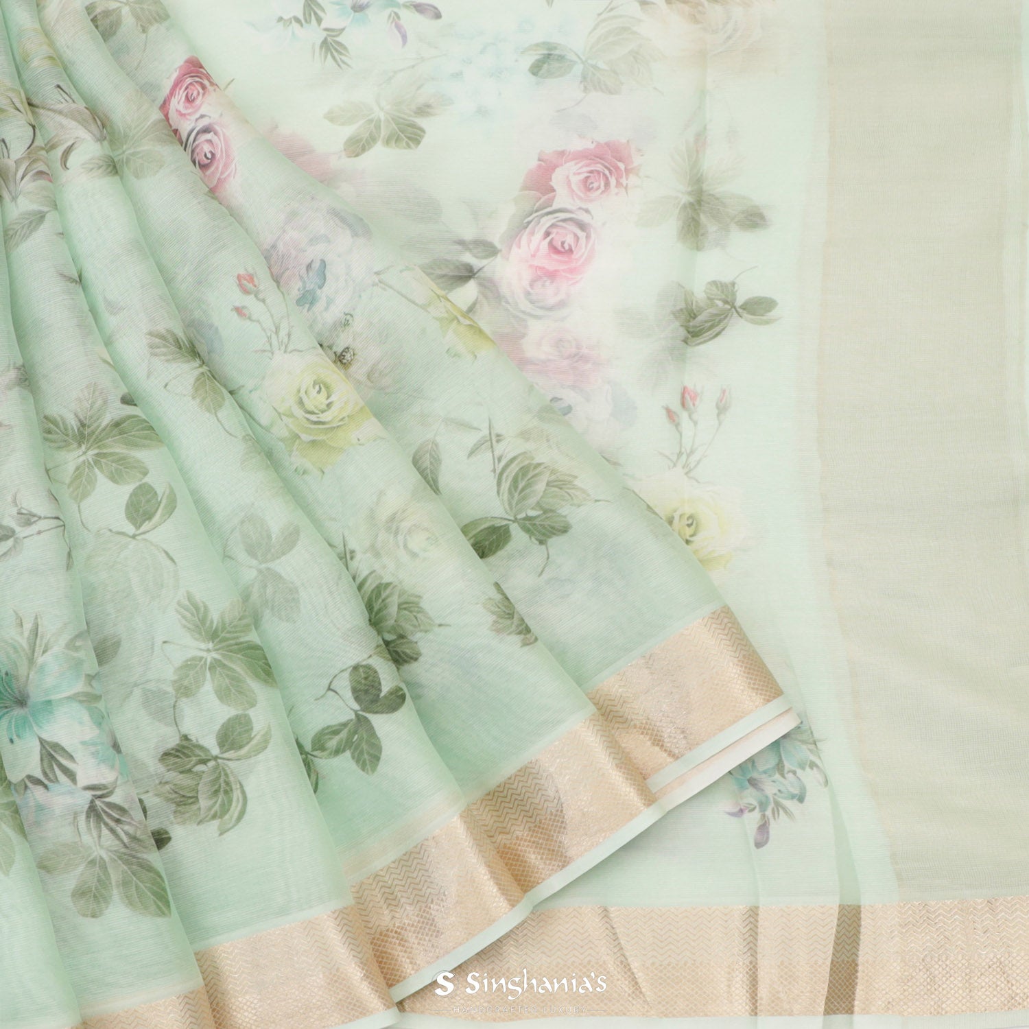 Pastel Green Printed Maheshwari Saree With Floral Pattern