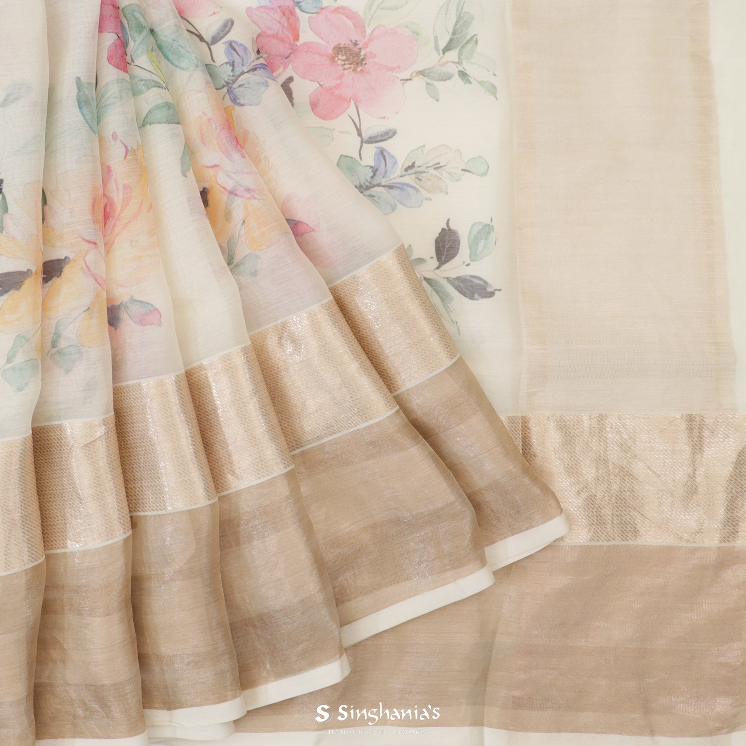 Atrium White Printed Maheshwari Saree With Floral Pattern