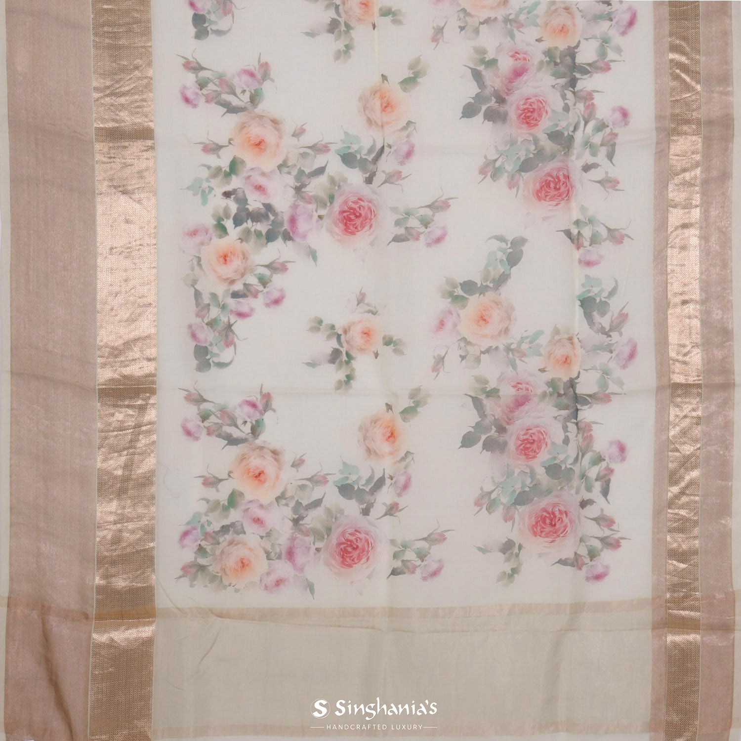 Autumn Cream Printed Maheshwari Saree With Floral Pattern