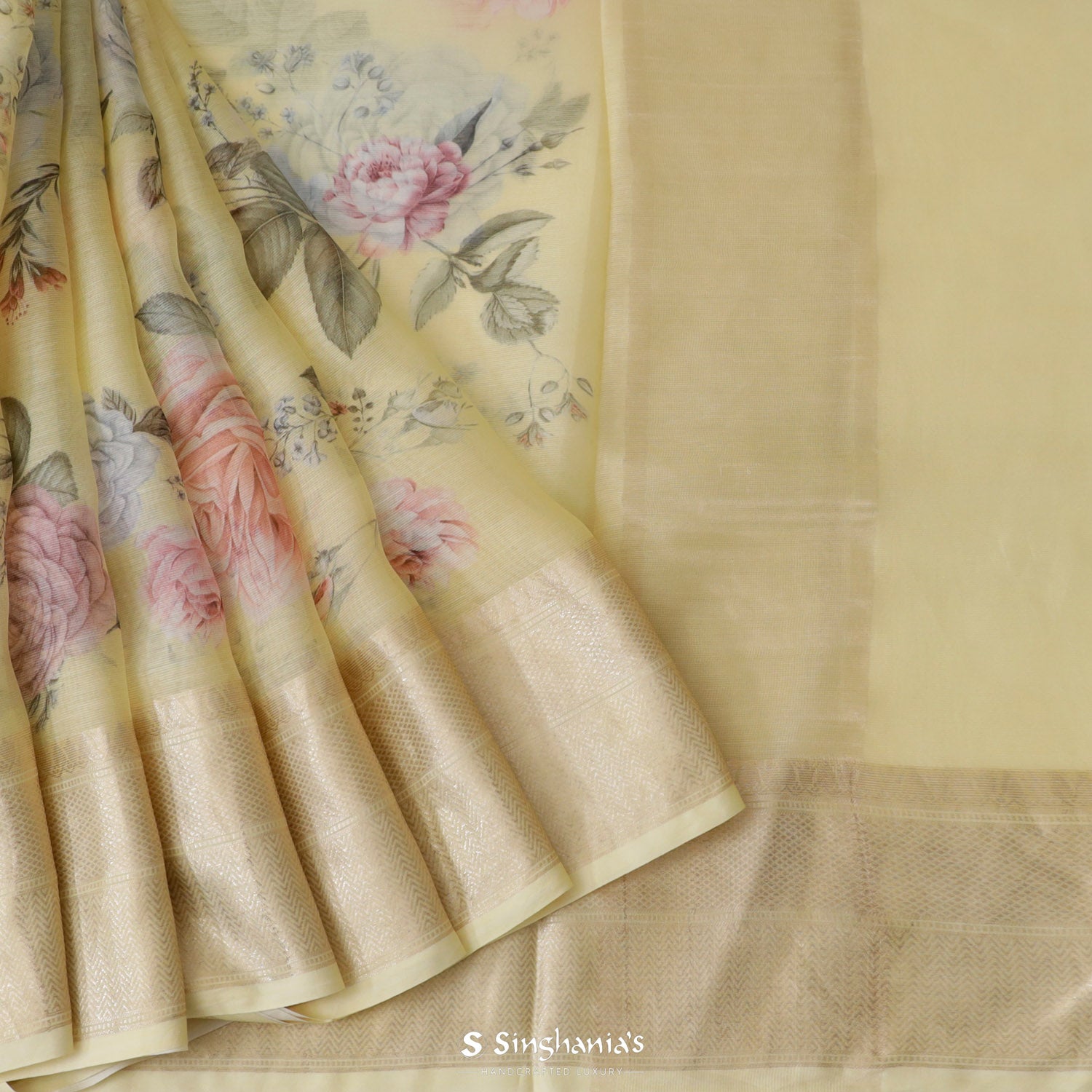 Cream Yellow Printed Maheshwari Saree With Floral Pattern
