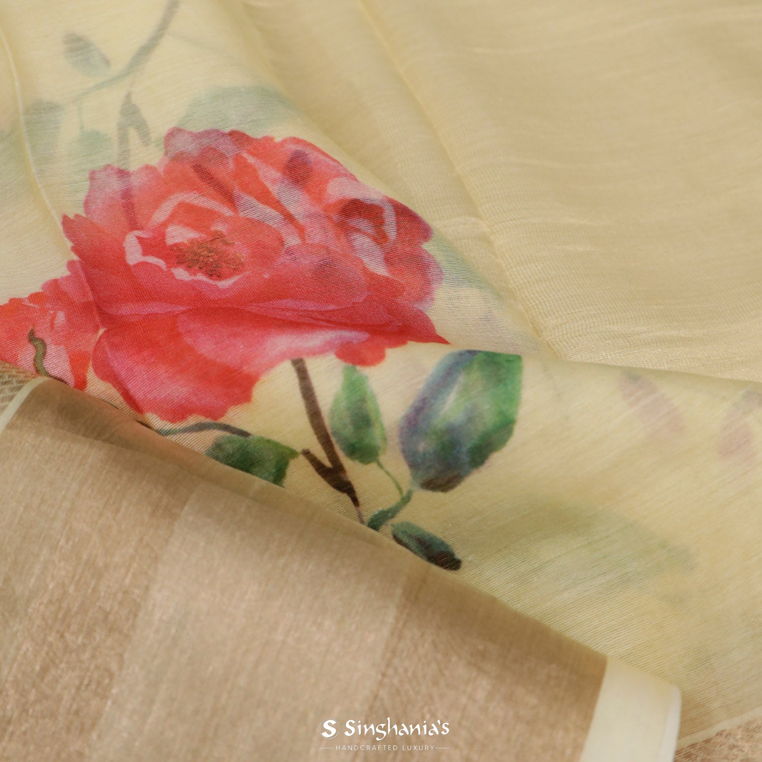 Lemon Chiffon Printed Maheshwari Saree With Floral Pattern