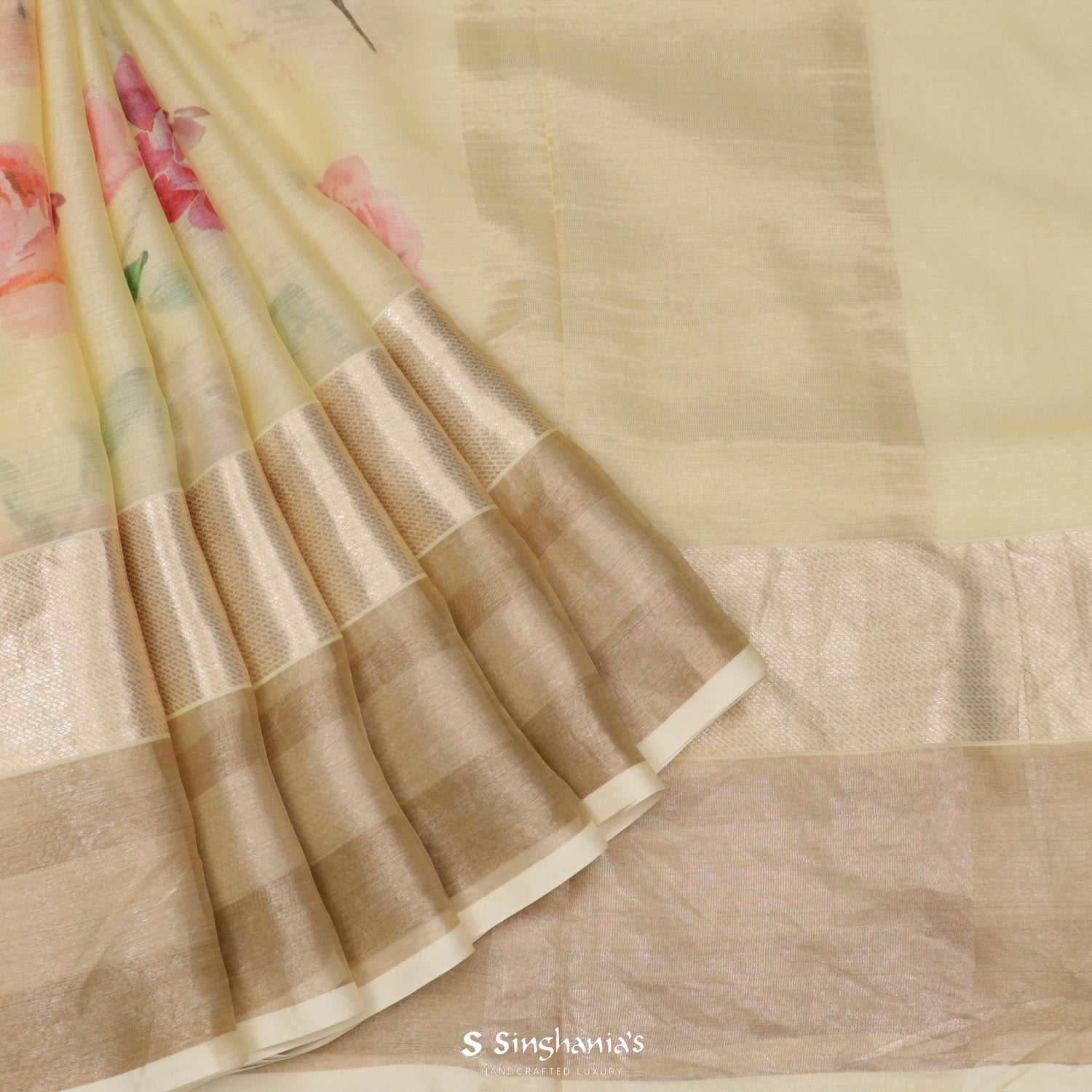 Lemon Chiffon Printed Maheshwari Saree With Floral Pattern