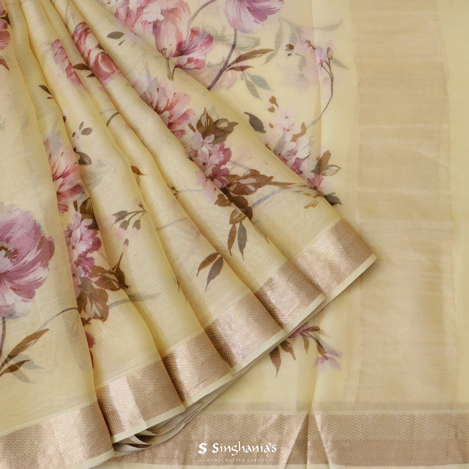 Light Yellow Printed Maheshwari Saree With Floral Pattern