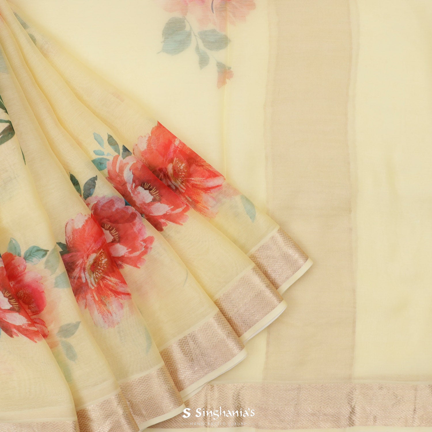 Light Yellow Printed Maheshwari Saree With Floral Pattern