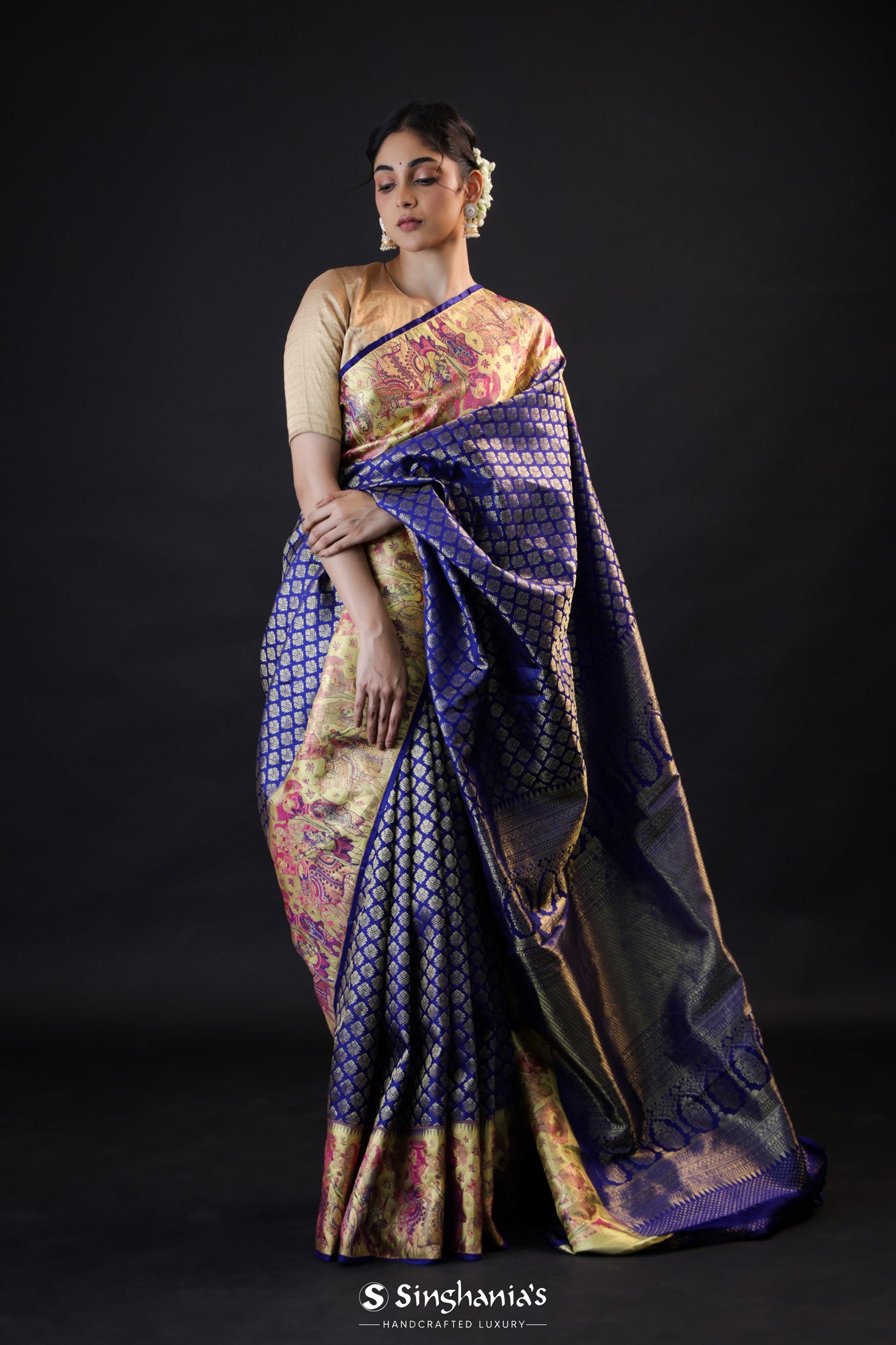 Egyptian Blue Kanjivaram Silk Saree With Gold Zari Weaving