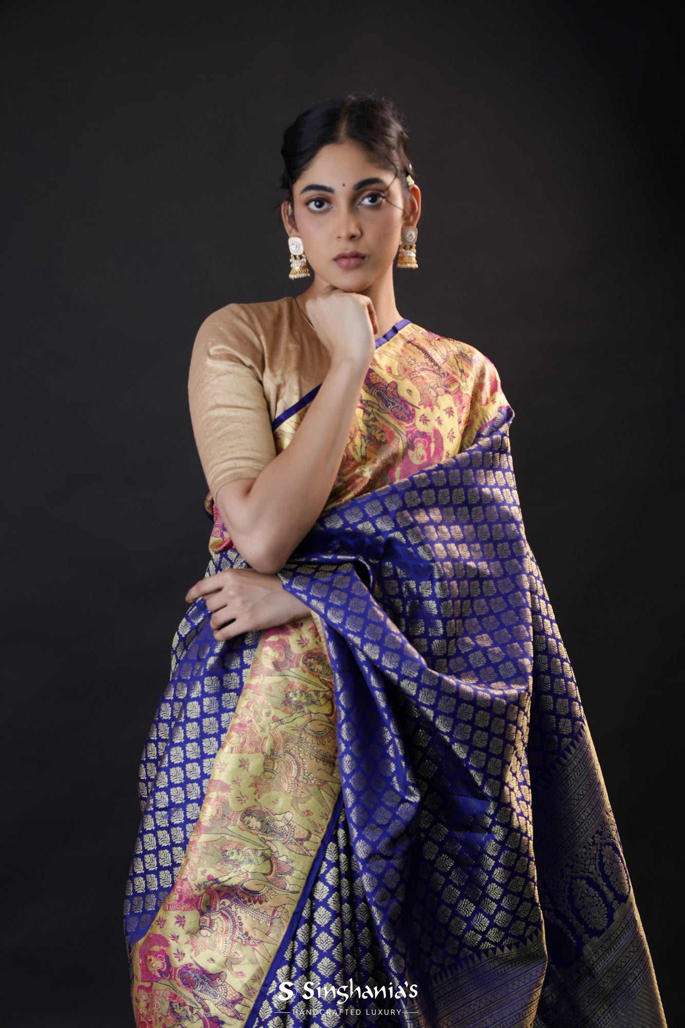 Egyptian Blue Kanjivaram Silk Saree With Gold Zari Weaving