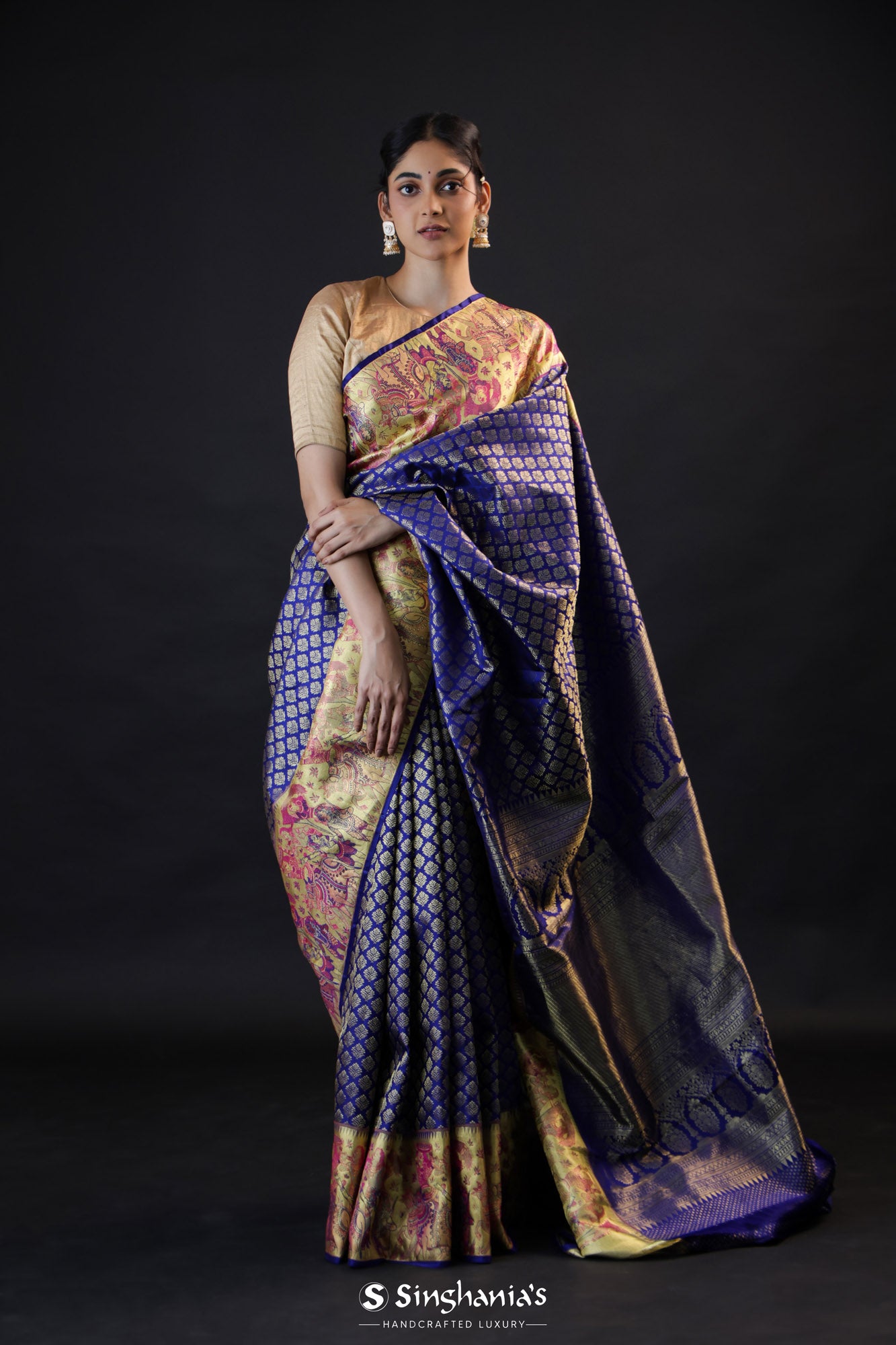 Egyptian Blue Kanjivaram Silk Saree With Gold Zari Weaving