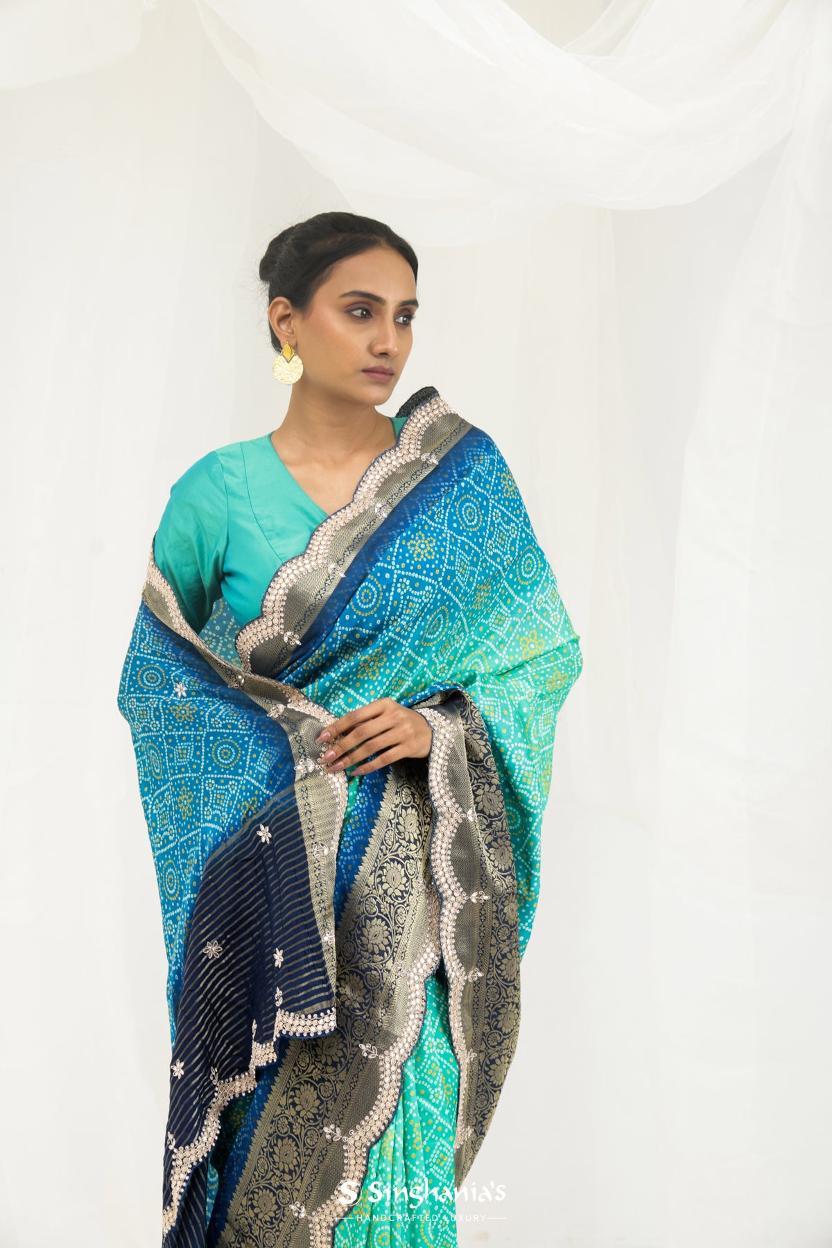 Aqua Blue Ombre Printed Bandhani Silk Saree With Embroidery Border