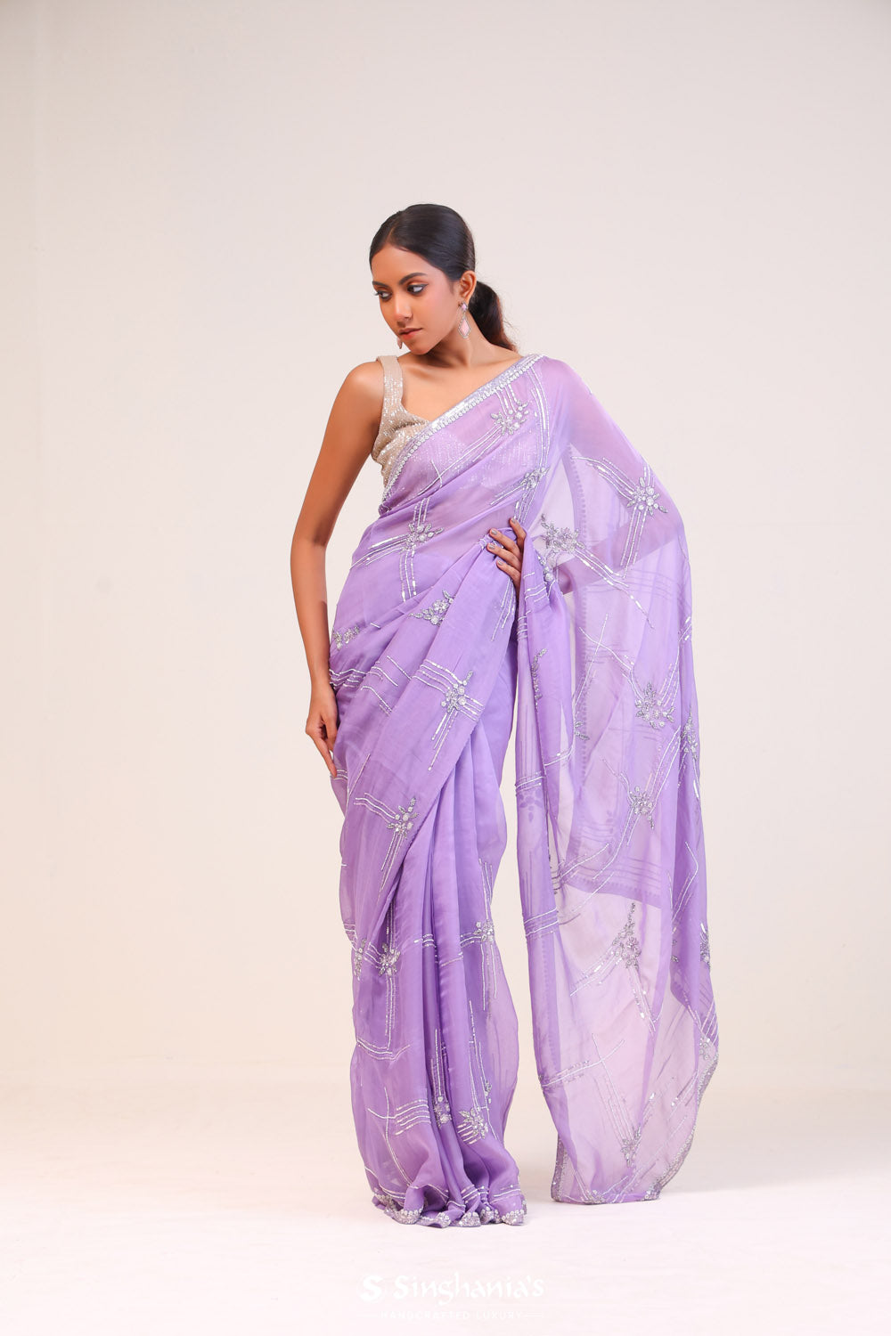 Mauve Purple Organza Handcrafted Saree