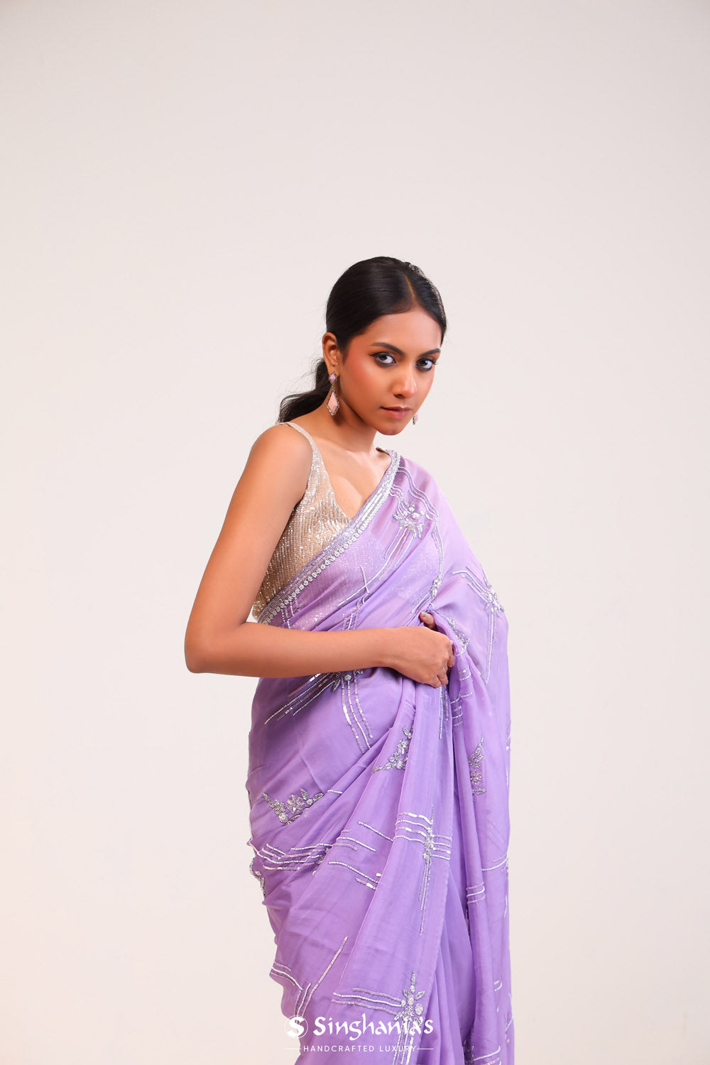 Mauve Purple Organza Handcrafted Saree